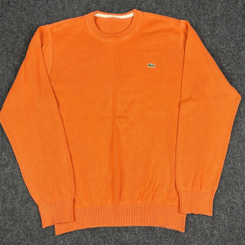 Lacoste Mens Orange Cotton Knit Crewneck Sweater Logo Long Sleeve Ribbed Trim
